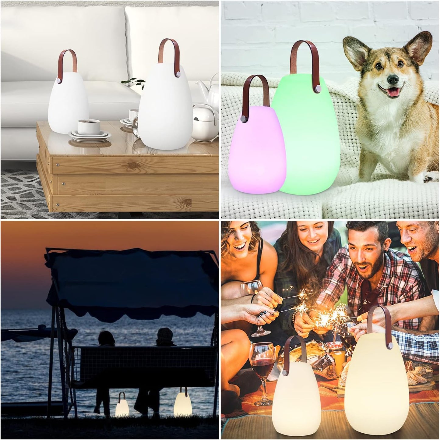 Set of 2 Outdoor LED Lanterns with Remote Control and Genuine leather strap