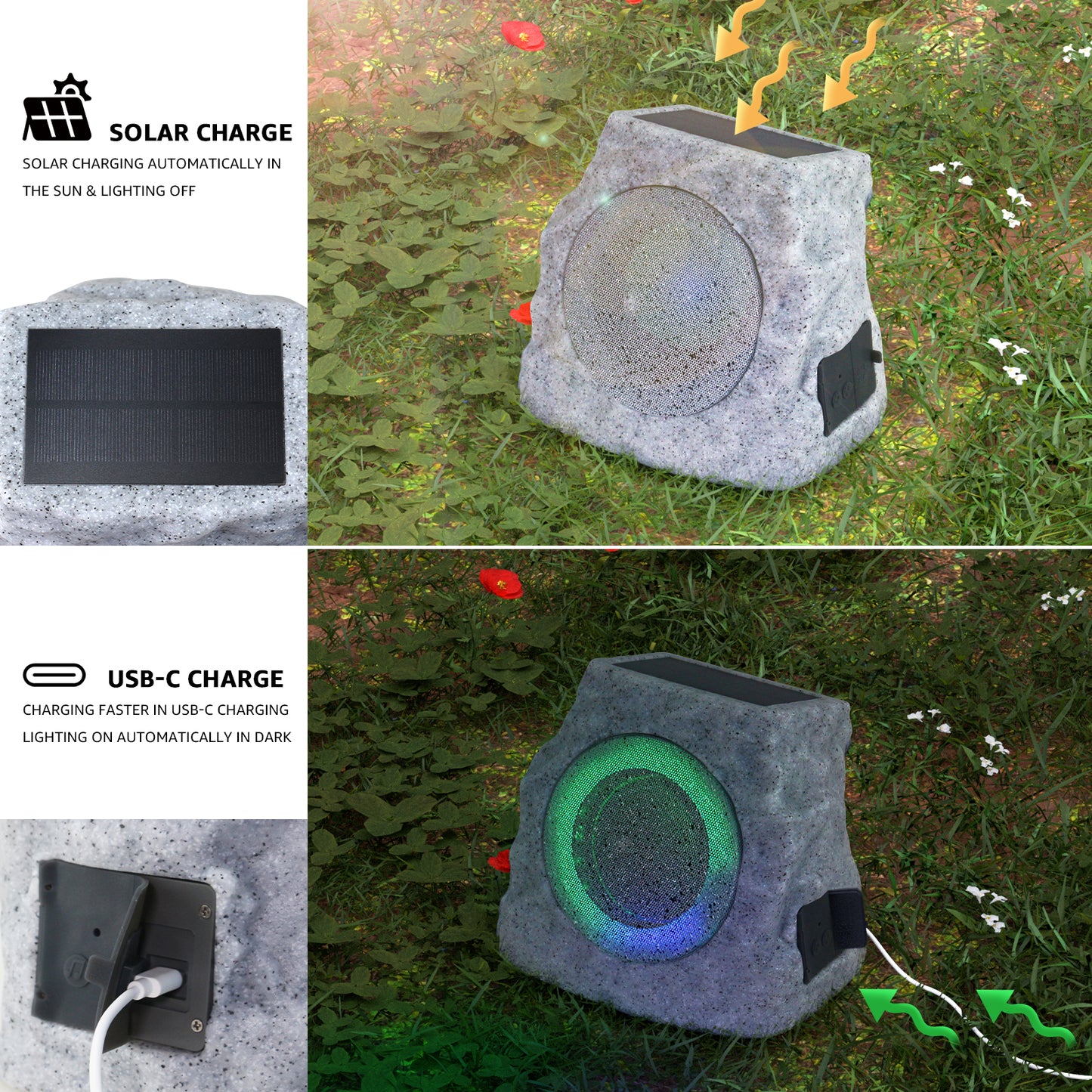 2-PACK Solar Rock Speakers Model 2 TWINS Pairing (Marbel)
