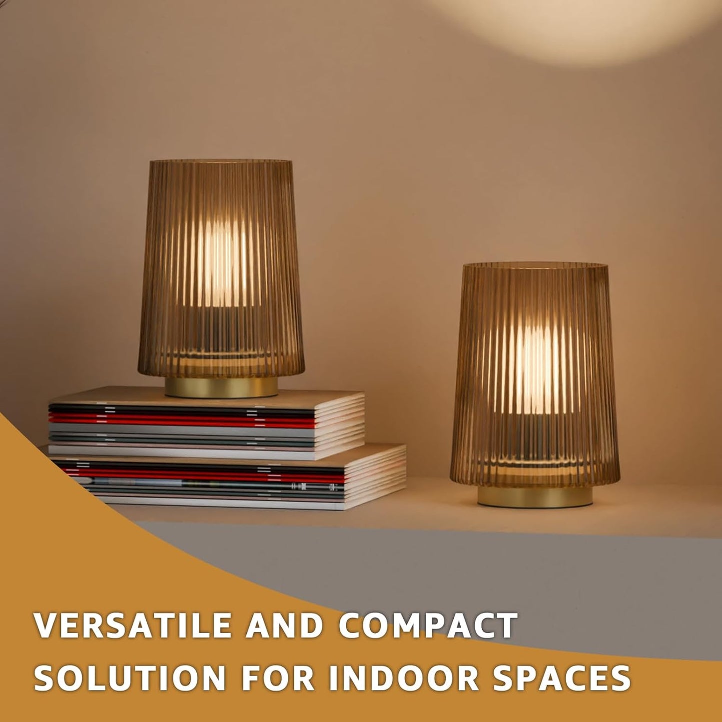 2-PACK Battery Operated Glass Table Lamps with Timer (Light Brown)