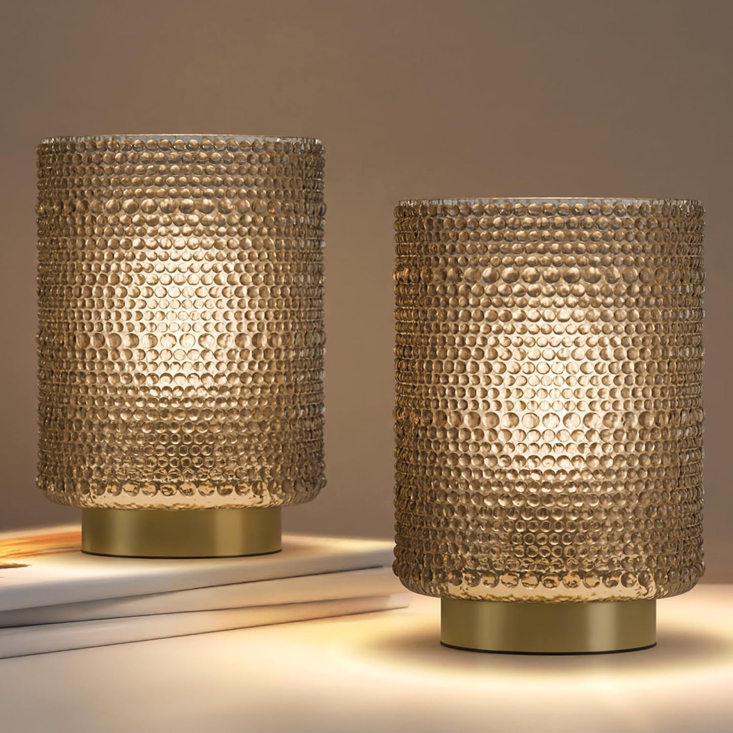 2-Pack Glass Cordless Battery Operated Table Lamps (Light Brown)