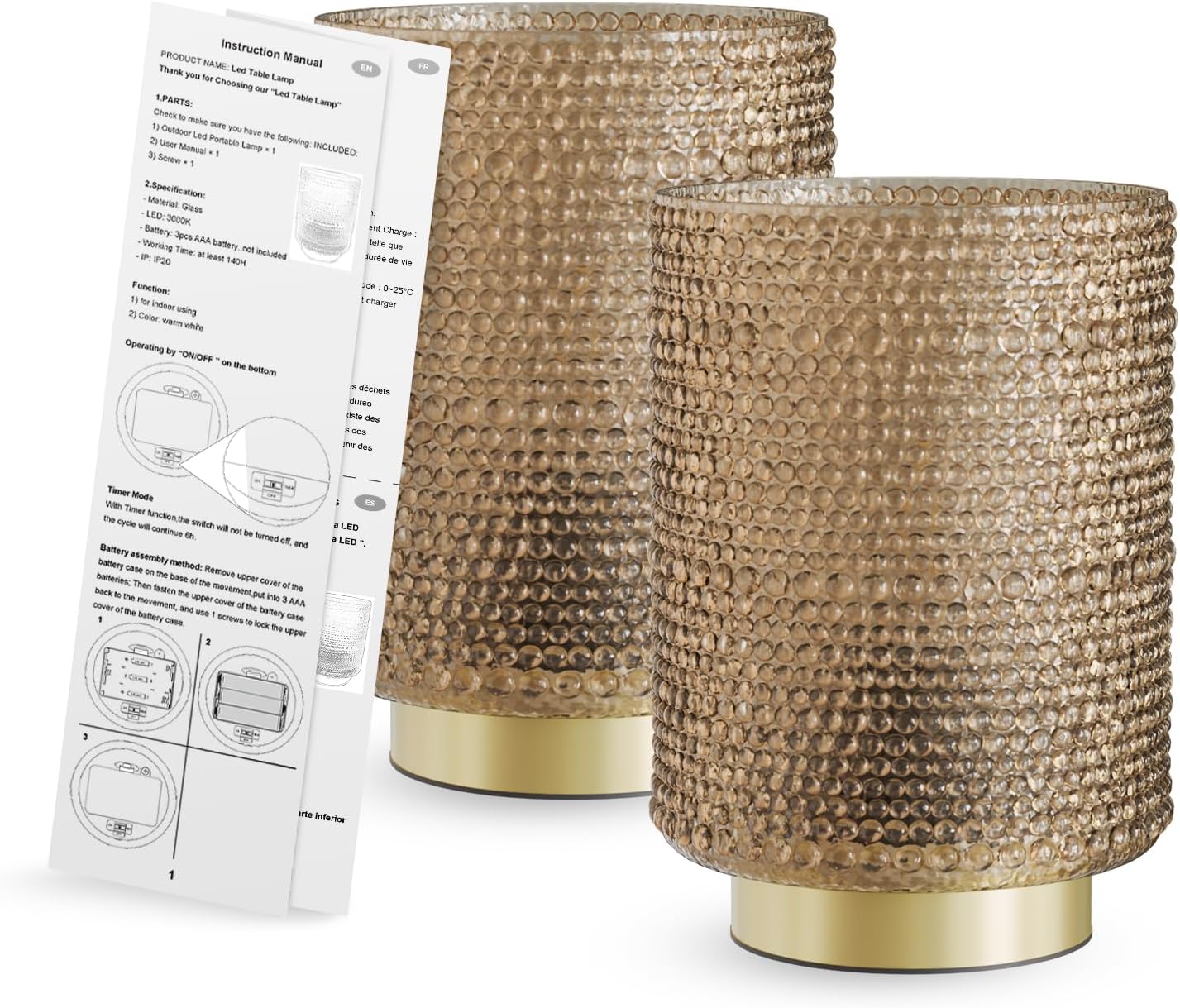 2-Pack Glass Cordless Battery Operated Table Lamps (Light Brown)