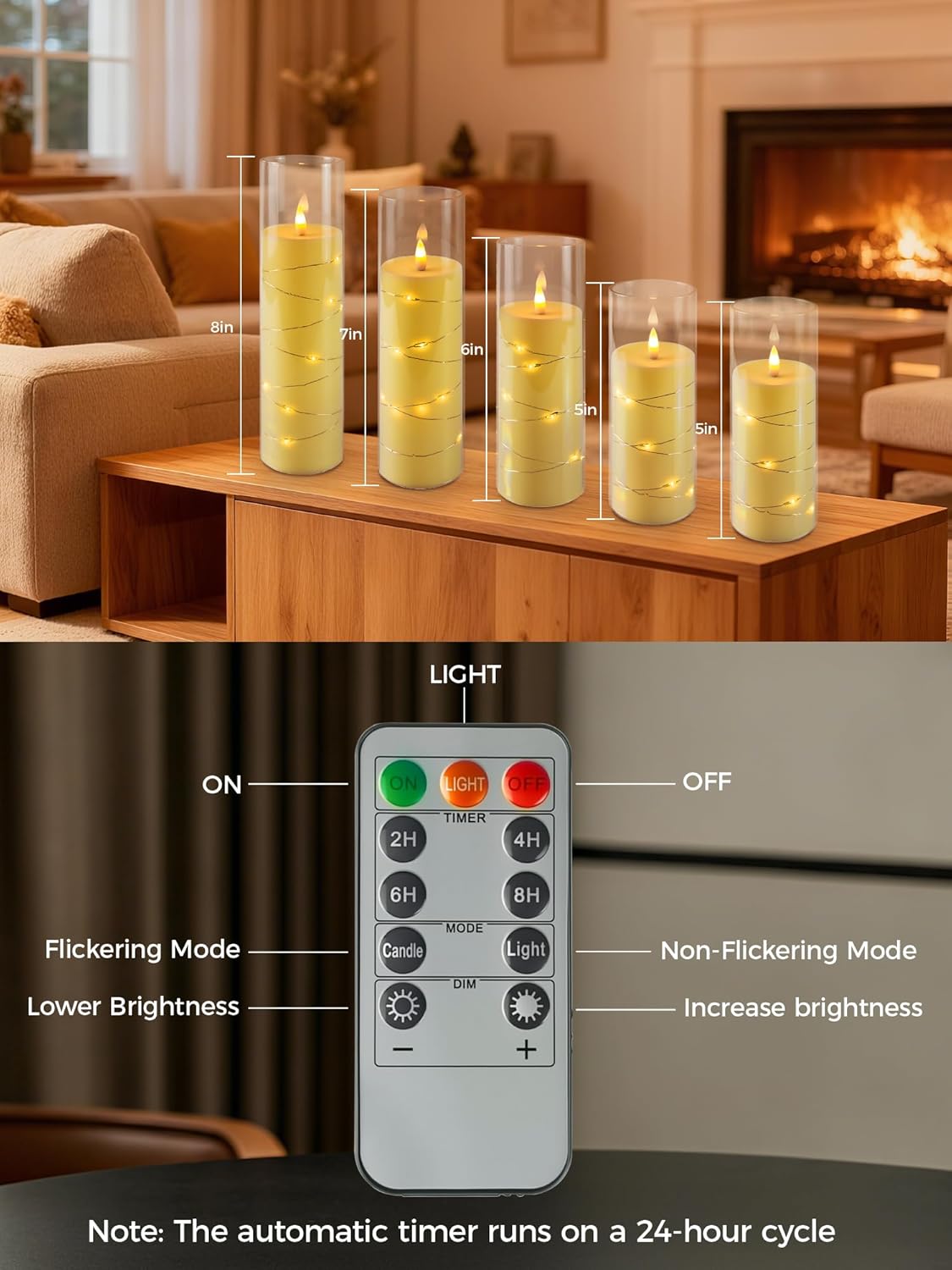 5-PACK Flameless Flickering LED Candles with Timer and Star String