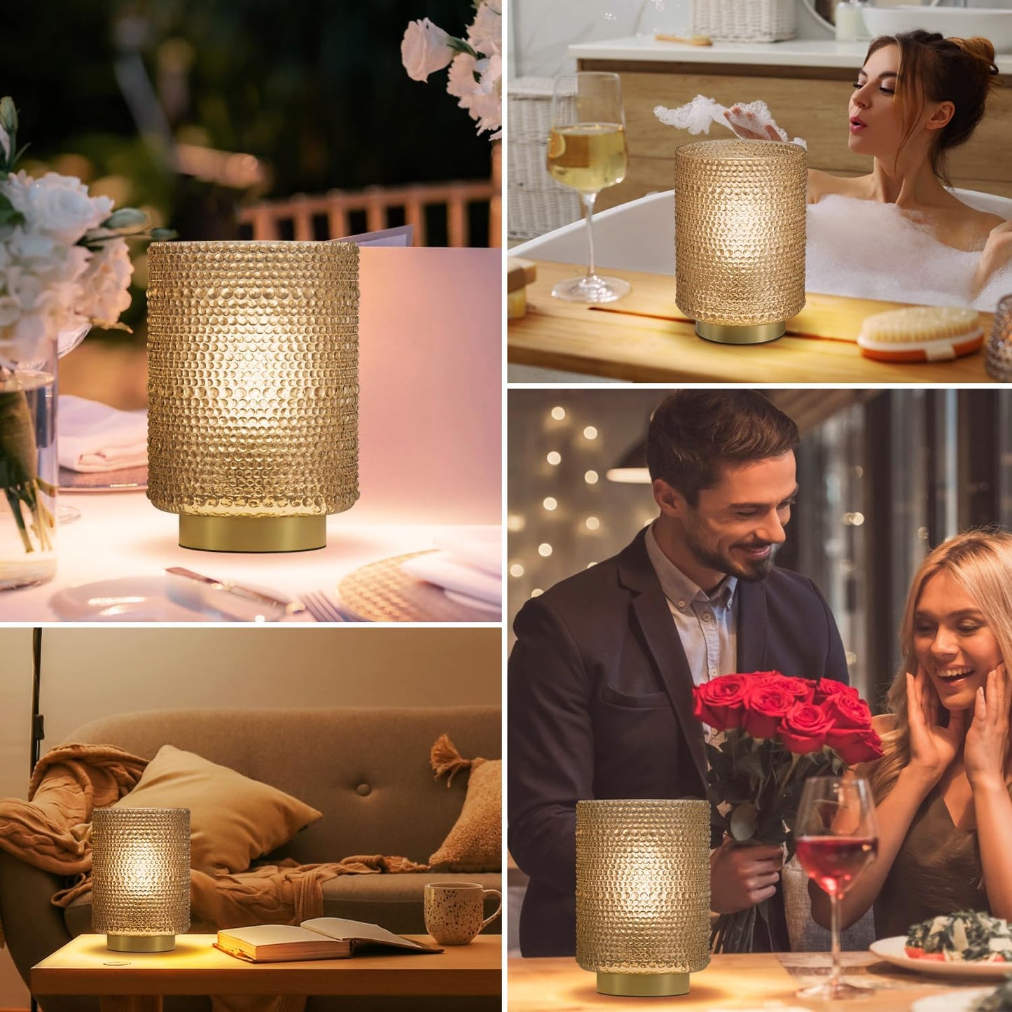 2-Pack Glass Cordless Battery Operated Table Lamps (Light Brown)