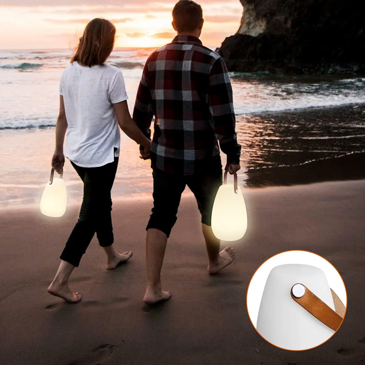 Set of 2 Outdoor LED Lanterns with Remote Control and Genuine leather strap