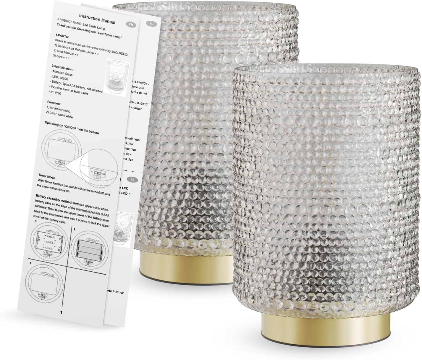 2-Pack Glass Cordless Battery Operated Table Lamps (Clear)