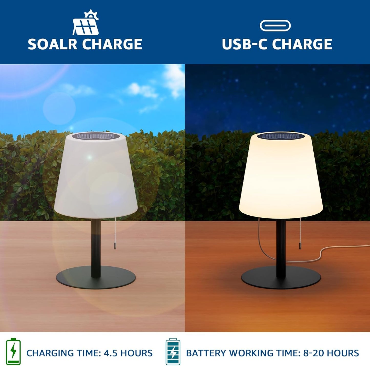 2-in-1 Outdoor Rechargeable Solar and USB Table Lamp