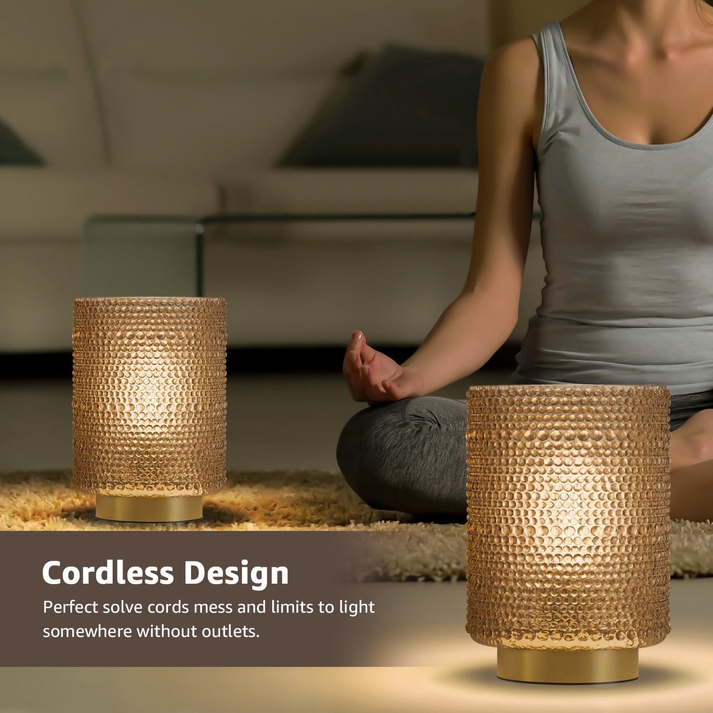 2-Pack Glass Cordless Battery Operated Table Lamps (Light Brown)