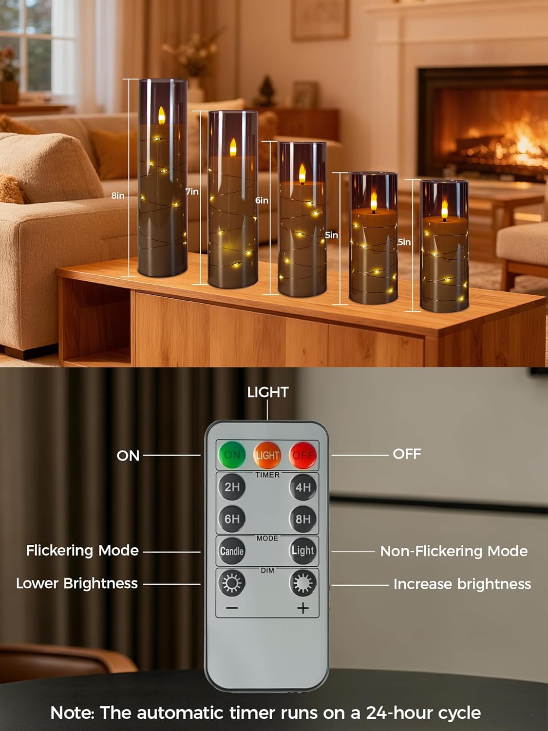 5-PACK Flameless Flickering LED Candles with Timer and Star String