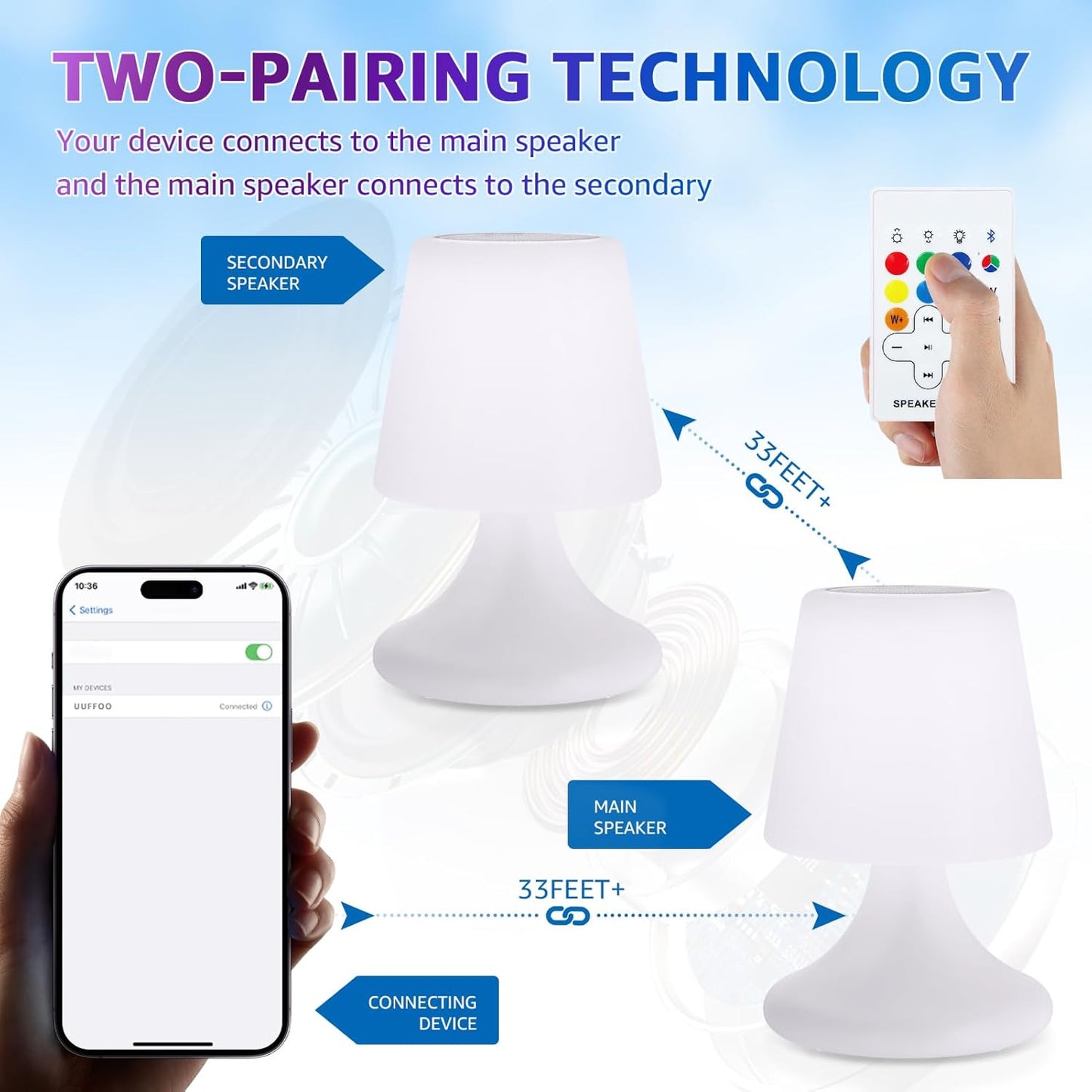 2-PACK Wireless Outdoor LED Table Lamp with speaker