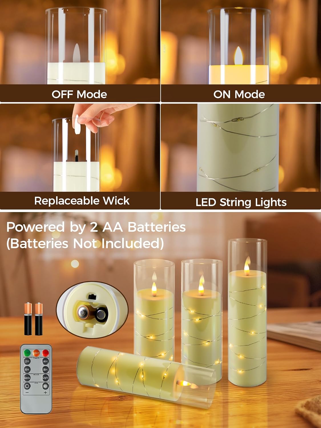 5-PACK Flameless Flickering LED Candles with Timer and Star String