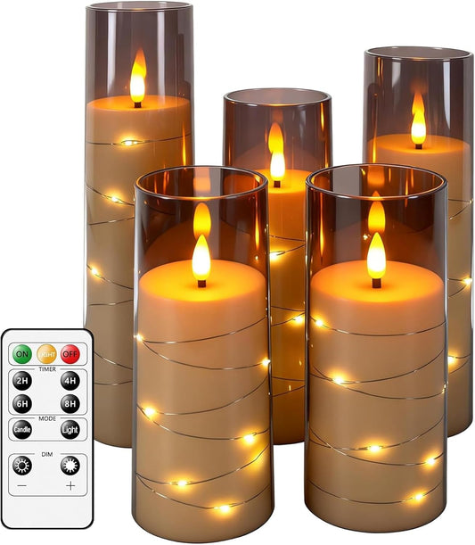 5-PACK Flameless Flickering LED Candles with Timer and Star String
