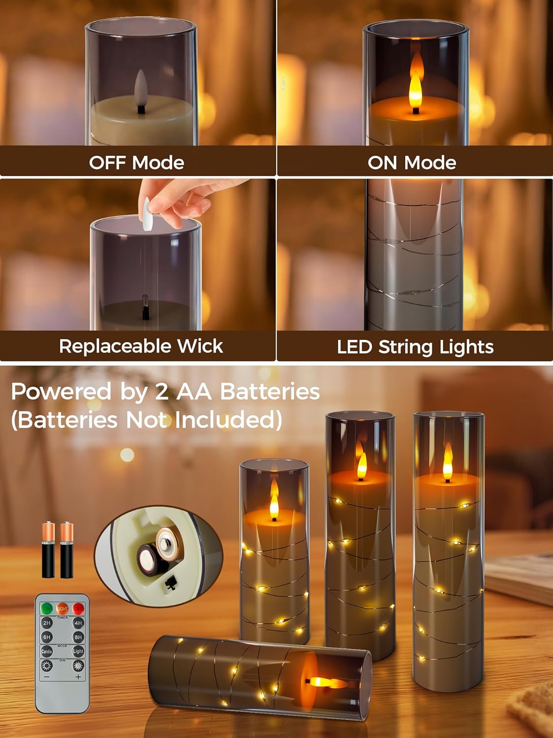 5-PACK Flameless Flickering LED Candles with Timer and Star String
