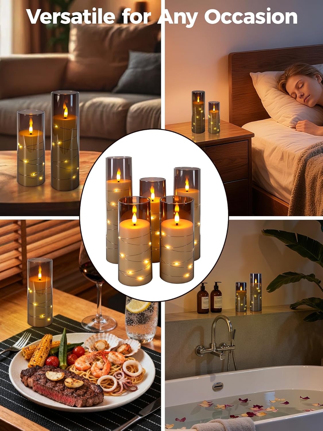 5-PACK Flameless Flickering LED Candles with Timer and Star String