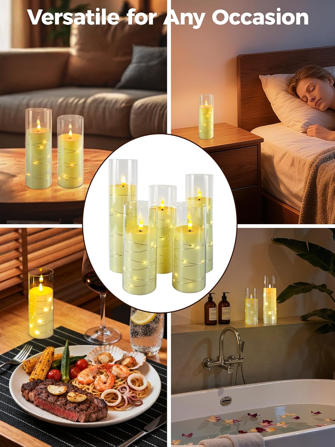 5-PACK Flameless Flickering LED Candles with Timer and Star String